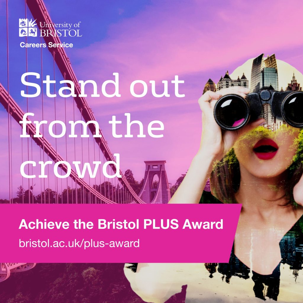 An image of a student looking through binocular with the words " Achieve the Bristol PLUS Award