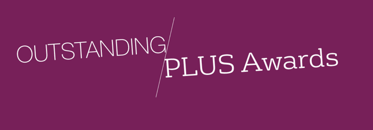 Text that says "Outstanding PLUS Awards" on a purple background
