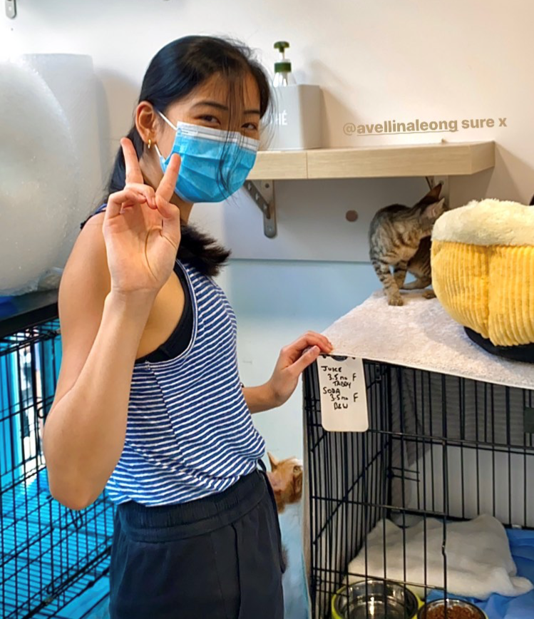 Avellina striking a pose next to a cat. 