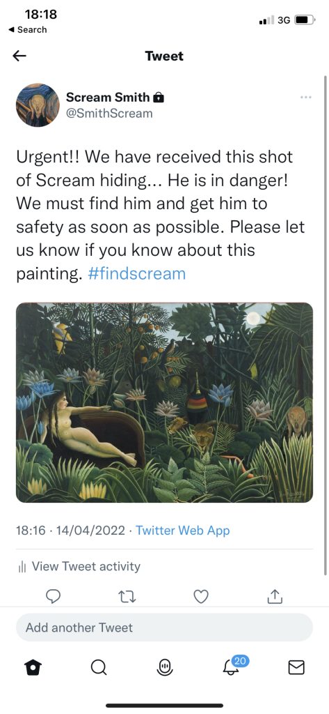 A screenshot of Twitter. Reads 'Urgent!! We have received this shot of Scream hiding... He is in danger! We must find him and get him to safety as soon as possible. Please let us know if you know about this painting. #findscream' The image shows Scream hiding in a painting.