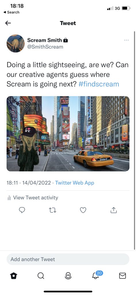 A screenshot of Twitter. Reads 'Doing a little sightseeing, are we? Can our creative agents guess where Scream is going next? #findscream' The image shows Scream in a photo of New York.