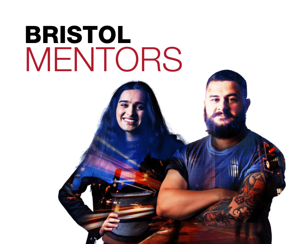 The words Bristol Mentors with two stduents smiling 