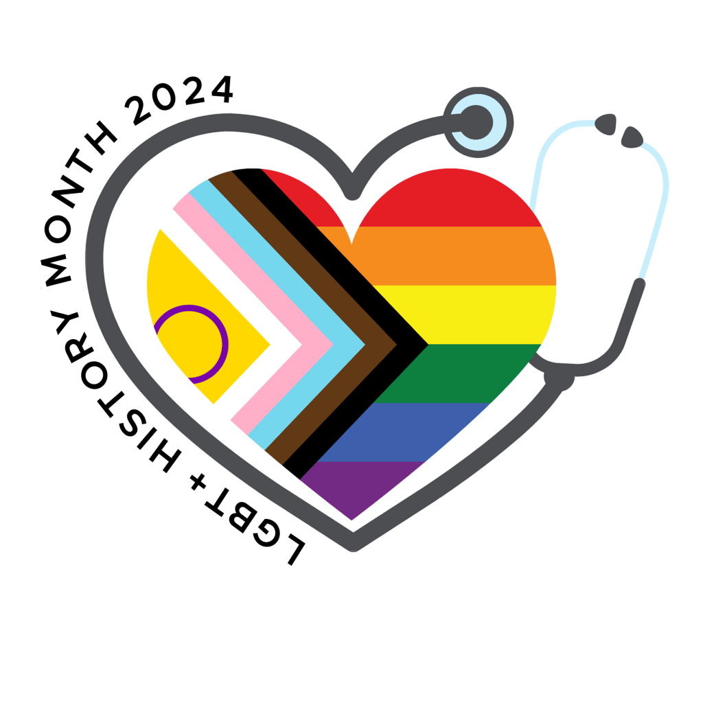 Logo for LGBTQ+ History Month, featuring a rainbow heart