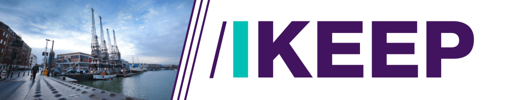 The IKEEP logo, with a photo of the harbourside cranes.